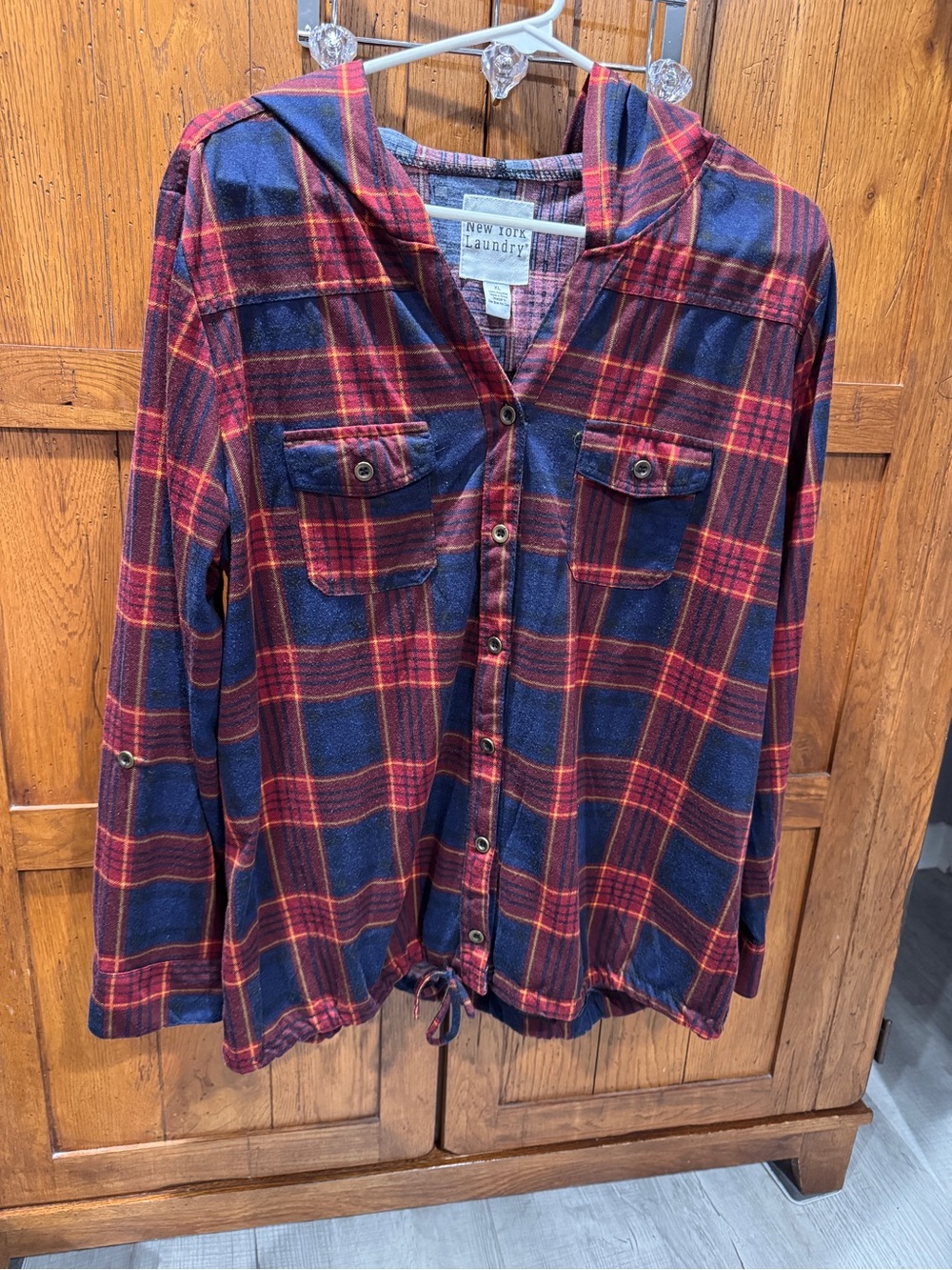 New York Laundry Girls' Navy and Red Plaid Hooded Button-Up Shirt